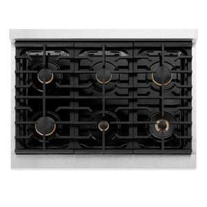 ZLINE Autograph Edition 36 in. Paramount Gas Rangetop with 6 Burners and Porcelain Cooktop in DuraSnow® Stainless Steel with Polished Gold Accents (SRTSZ-36-G)