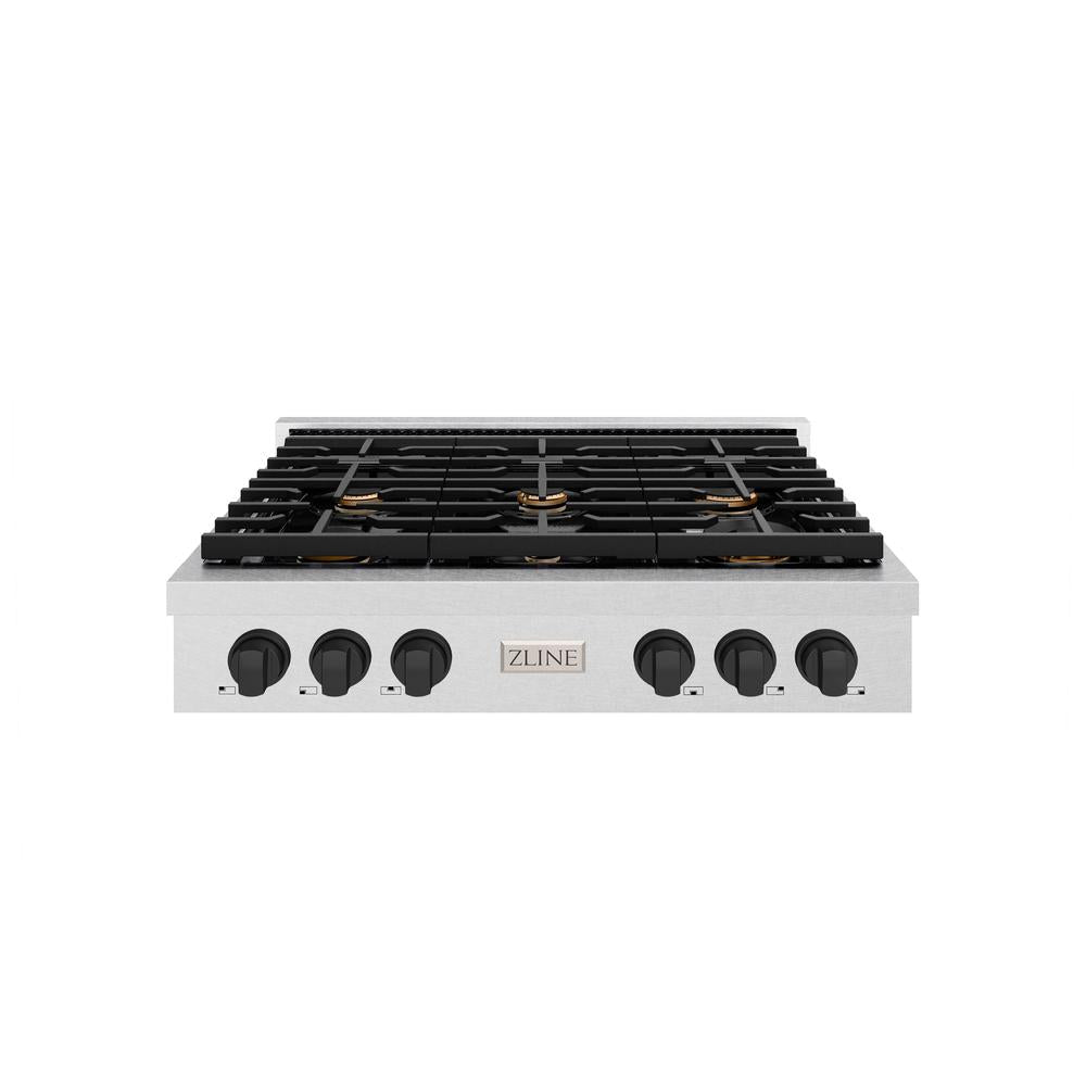 ZLINE Autograph Edition 36 in. Paramount Gas Rangetop with 6 Burners and Porcelain Cooktop in DuraSnow® Stainless Steel with Matte Black Accents (SRTSZ-36-MB)