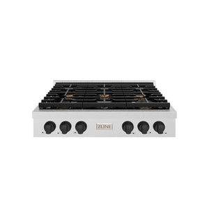 ZLINE Autograph Edition 36 in. Paramount Gas Rangetop with 6 Burners and Porcelain Cooktop in DuraSnow® Stainless Steel with Matte Black Accents (SRTSZ-36-MB)