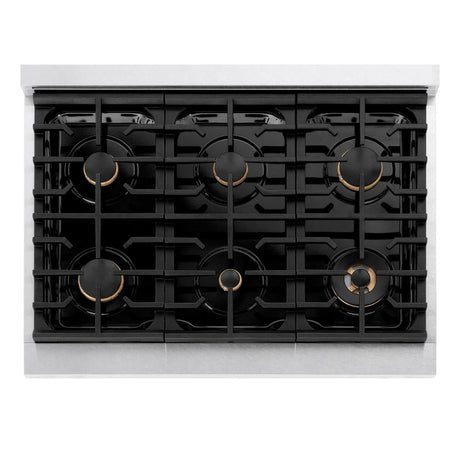 ZLINE Autograph Edition 36 in. Paramount Gas Rangetop with 6 Burners and Porcelain Cooktop in DuraSnow® Stainless Steel with Matte Black Accents (SRTSZ-36-MB)