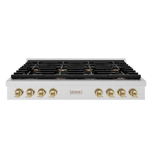 ZLINE Autograph Edition 48 in. Paramount Gas Rangetop with 8 Burners and Porcelain Cooktop in DuraSnow® Stainless Steel with Champagne Bronze Accents (SRTSZ-48-CB)