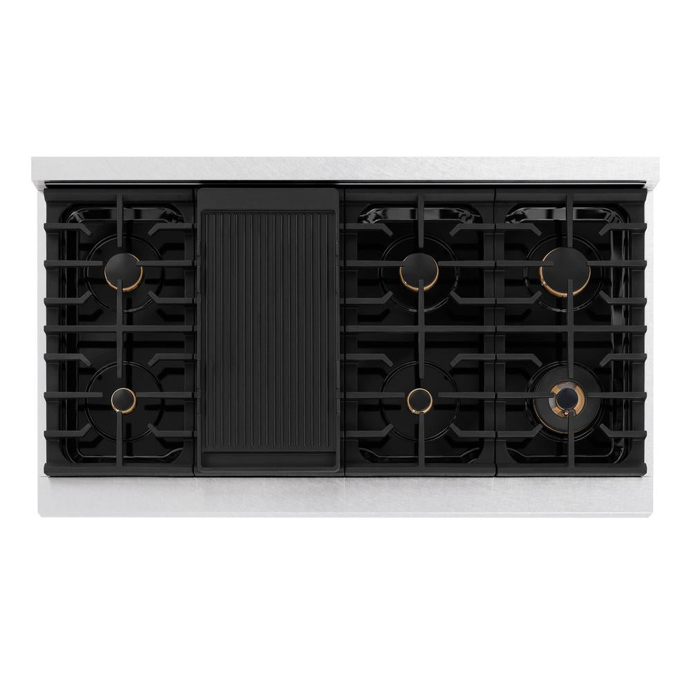 ZLINE Autograph Edition 48 in. Paramount Gas Rangetop with 8 Burners and Porcelain Cooktop in DuraSnow® Stainless Steel with Champagne Bronze Accents (SRTSZ-48-CB)