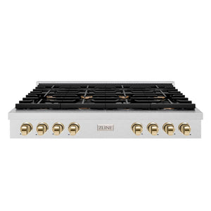 ZLINE Autograph Edition 48 in. Paramount Gas Rangetop with 8 Burners and Porcelain Cooktop in DuraSnow® Stainless Steel with Polished Gold Accents (SRTSZ-48-G)