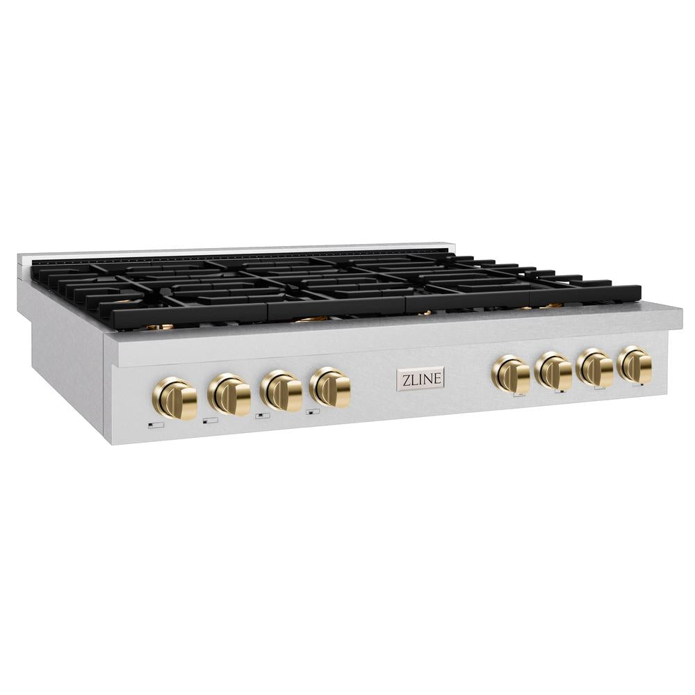 ZLINE Autograph Edition 48 in. Paramount Gas Rangetop with 8 Burners and Porcelain Cooktop in DuraSnow® Stainless Steel with Polished Gold Accents (SRTSZ-48-G)