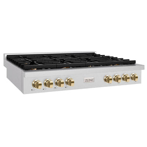 ZLINE Autograph Edition 48 in. Paramount Gas Rangetop with 8 Burners and Porcelain Cooktop in DuraSnow® Stainless Steel with Polished Gold Accents (SRTSZ-48-G)