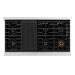 ZLINE Autograph Edition 48 in. Paramount Gas Rangetop with 8 Burners and Porcelain Cooktop in DuraSnow® Stainless Steel with Polished Gold Accents (SRTSZ-48-G)