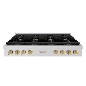 ZLINE Autograph Edition 48 in. Paramount Gas Rangetop with 8 Burners and Porcelain Cooktop in Stainless Steel with Polished Gold Accents (SRTZ-48-G)