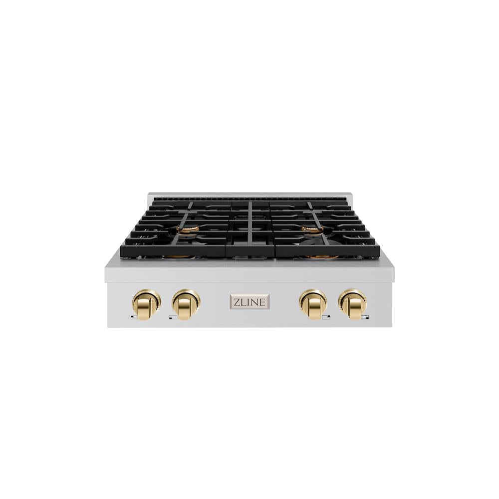 ZLINE Autograph Edition 30 in. Paramount Gas Rangetop with 4 Burners and Porcelain Cooktop in Stainless Steel with Polished Gold Accents (SRTZ-30-G)