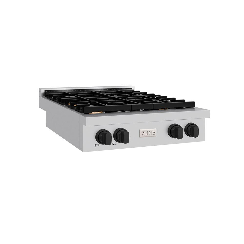 ZLINE Autograph Edition 30 in. Paramount Gas Rangetop with 4 Burners and Porcelain Cooktop in Stainless Steel with Matte Black Accents (SRTZ-30-MB)