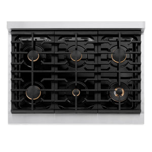 ZLINE Autograph Edition 36 in. Paramount Gas Rangetop with 6 Burners and Porcelain Cooktop in Stainless Steel with Champagne Bronze Accents (SRTZ-36-CB)