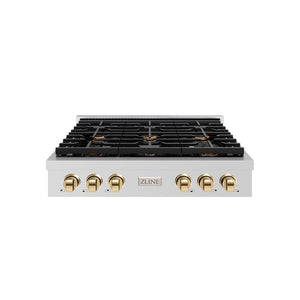ZLINE Autograph Edition 36 in. Paramount Gas Rangetop with 6 Burners and Porcelain Cooktop in Stainless Steel with Polished Gold Accents (SRTZ-36-G)