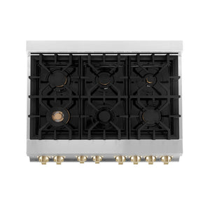 ZLINE Autograph Edition 36 in. Kitchen Package with Stainless Steel Dual Fuel Range and Range Hood with Polished Gold Accents (2AKP-RARH36-G)
