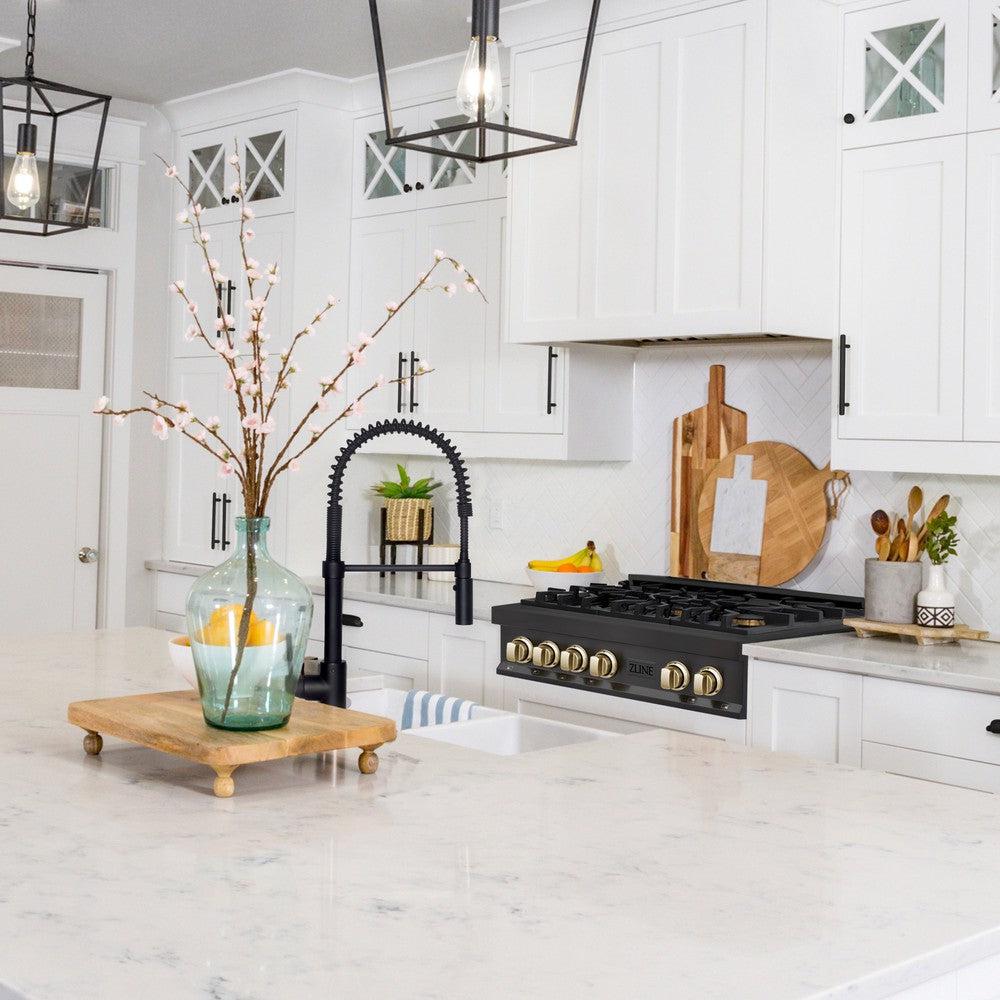 ZLINE Autograph Edition 36 in. Legacy Gas Rangetop with 6 Burners and Porcelain Cooktop in Black Stainless Steel with Polished Gold Accents (RTBZ-36-G)