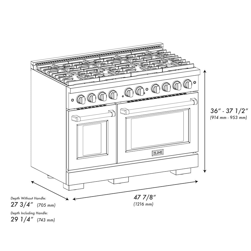 ZLINE 48 in. 6.7 cu. ft. Paramount Double Oven Gas Range in Black Stainless Steel with 8 Brass Burners (SGRB-BR-48)