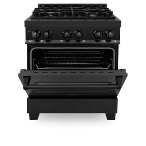 ZLINE Kitchen Package with Black Stainless Steel Refrigerator, 30 in. Dual Fuel Range, 30 in. Range Hood, Microwave Drawer, and 24 in. Tall Tub Dishwasher (5KPR-RABRH-MWDWV)