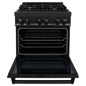 ZLINE Kitchen Package with Black Stainless Steel Refrigerator, 30 in. Dual Fuel Range, 30 in. Range Hood, Microwave Drawer, and 24 in. Tall Tub Dishwasher (5KPR-RABRH-MWDWV)
