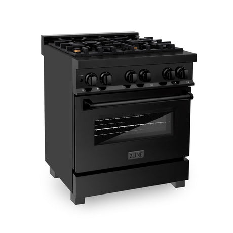 ZLINE Kitchen Package with Black Stainless Steel Refrigerator, 30 in. Dual Fuel Range, 30 in. Range Hood, Microwave Drawer, and 24 in. Tall Tub Dishwasher (5KPR-RABRH-MWDWV)