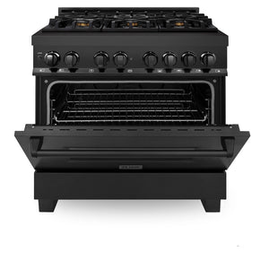 ZLINE Kitchen Package with Black Stainless Steel Refrigerator, 36 in. Dual Fuel Range, Range Hood, and Microwave Drawer (4KPR-RABRH36-MW)