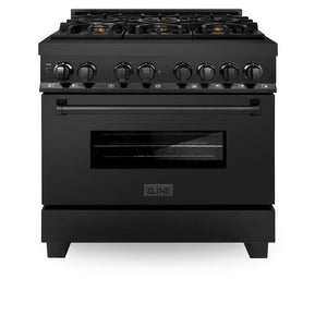 ZLINE Kitchen Package with Black Stainless Steel Refrigerator, 36 in. Dual Fuel Range, Range Hood, and Microwave Drawer (4KPR-RABRH36-MW)