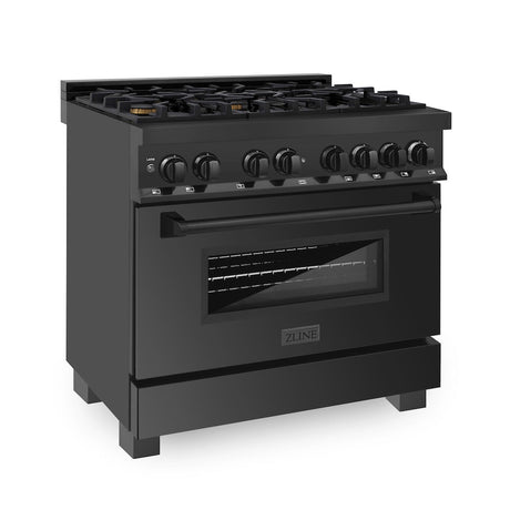 ZLINE Kitchen Package with Black Stainless Steel Refrigerator, 36 in. Dual Fuel Range, Range Hood, and Microwave Drawer (4KPR-RABRH36-MW)