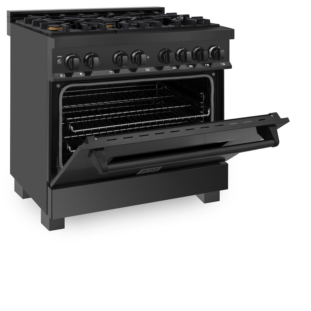 ZLINE 36 in. 4.6 cu. ft. Dual Fuel Range with Gas Stove and Electric Oven in Black Stainless Steel with Brass Burners (RAB-BR-36)