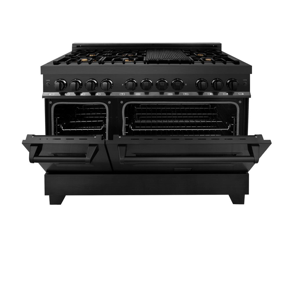 ZLINE 48 in. Kitchen Package with Black Stainless Steel Dual Fuel Range, Convertible Vent Range Hood and Microwave Drawer (3KP-RABRH48-MW)