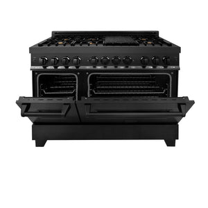 ZLINE 48 in. Kitchen Package with Black Stainless Steel Dual Fuel Range, Convertible Vent Range Hood and Microwave Drawer (3KP-RABRH48-MW)