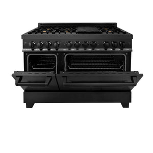 ZLINE Kitchen Package with Black Stainless Steel Refrigerator, 48 in. Dual Fuel Range, 48 in. Range Hood, Microwave Drawer, and 24 in. Tall Tub Dishwasher (5KPR-RABRH48-MWDWV)