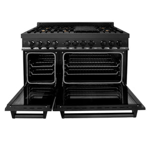 ZLINE Kitchen Package with Black Stainless Steel Refrigerator, 48 in. Dual Fuel Range, Range Hood, and Microwave Drawer (4KPR-RABRH48-MW)