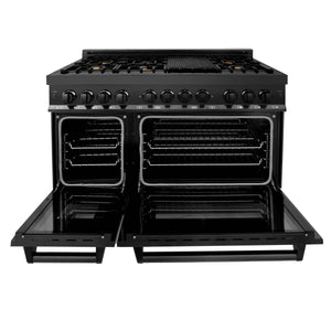 ZLINE Kitchen Package with Black Stainless Steel Refrigerator, 48 in. Dual Fuel Range, 48 in. Range Hood, Microwave Drawer, and 24 in. Tall Tub Dishwasher (5KPR-RABRH48-MWDWV)