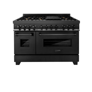 ZLINE Kitchen Package with Black Stainless Steel Refrigerator, 48 in. Dual Fuel Range, 48 in. Range Hood, Microwave Drawer, and 24 in. Tall Tub Dishwasher (5KPR-RABRH48-MWDWV)