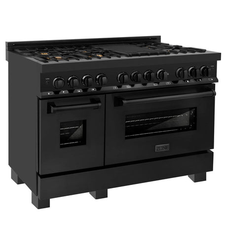 ZLINE Kitchen Package with Black Stainless Steel Refrigerator, 48 in. Dual Fuel Range, Range Hood, and Microwave Drawer (4KPR-RABRH48-MW)
