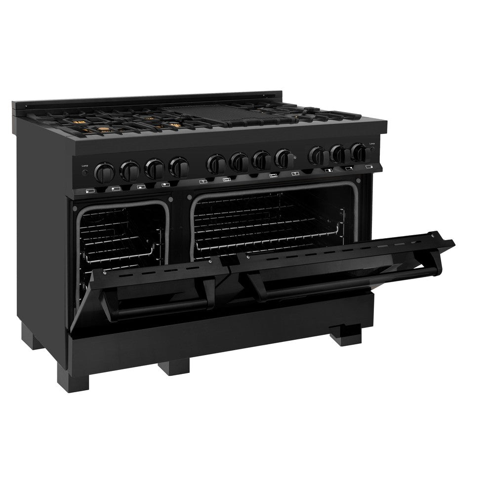 ZLINE 48 in. Kitchen Package with Black Stainless Steel Dual Fuel Range, Convertible Vent Range Hood and Microwave Drawer (3KP-RABRH48-MW)