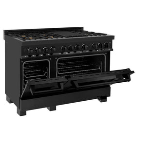 ZLINE 48 in. Kitchen Package with Black Stainless Steel Dual Fuel Range, Convertible Vent Range Hood and Microwave Drawer (3KP-RABRH48-MW)
