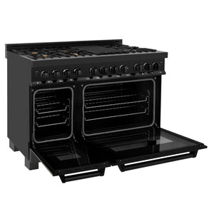 ZLINE 48 in. Kitchen Package with Black Stainless Steel Dual Fuel Range, Convertible Vent Range Hood and Microwave Drawer (3KP-RABRH48-MW)