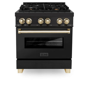 ZLINE Autograph Edition 30 in. 4.0 cu. ft. Legacy Dual Fuel Range with 4 Burner Gas Cooktop and Electric Convection Oven in Black Stainless Steel and Polished Gold Accents (RABZ-30-G)