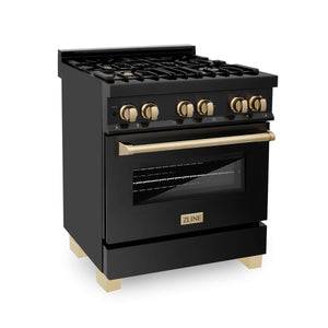 ZLINE Autograph Edition 30 in. Kitchen Package with Black Stainless Steel Dual Fuel Range, Range Hood, Dishwasher, and Refrigerator with External Water Dispenser with Polished Gold Accents (4AKPR-RABRHDWV30-G)