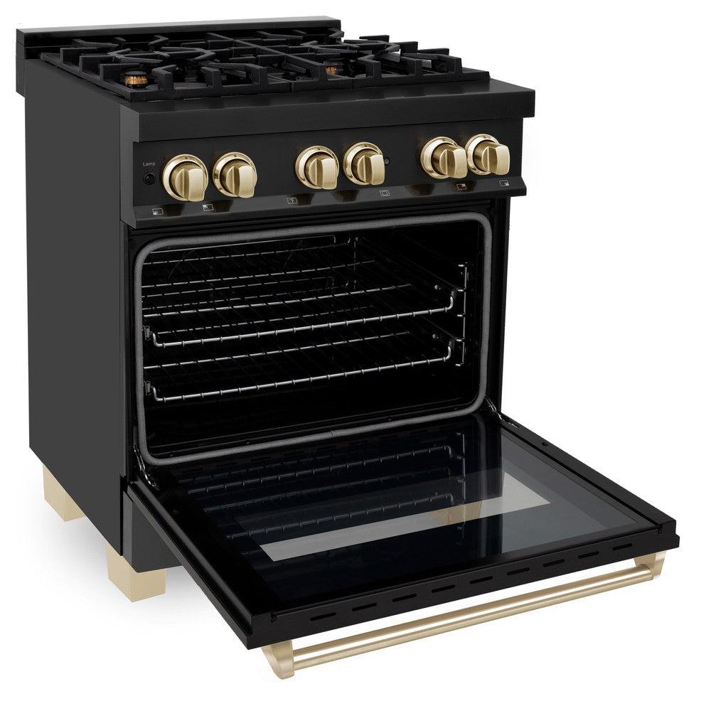 ZLINE Autograph Edition 30 in. Kitchen Package with Black Stainless Steel Dual Fuel Range and Range Hood with Polished Gold Accents (2AKP-RABRH30-G)