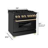 ZLINE Autograph Edition 36 in. Kitchen Package with Black Stainless Steel Dual Fuel Range, Range Hood, Dishwasher and Refrigeration with Polished Gold Accents (4AKPR-RABRHDWV36-G)