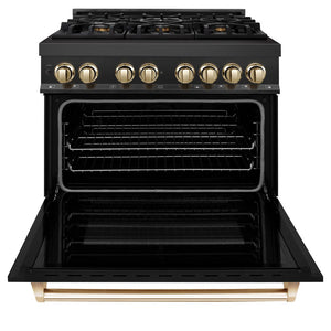 ZLINE Autograph Edition 36 in. 4.6 cu. ft. Legacy Dual Fuel Range with 6 Burner Gas Cooktop and Electric Convection Oven in Black Stainless Steel and Polished Gold Accents (RABZ-36-G)