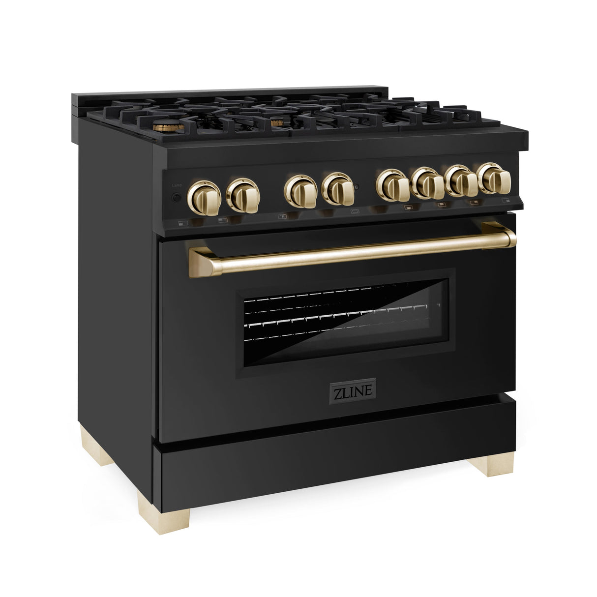 ZLINE Autograph Edition 36 in. Kitchen Package with Black Stainless Steel Dual Fuel Range, Range Hood, Dishwasher and Refrigeration with Polished Gold Accents (4AKPR-RABRHDWV36-G)