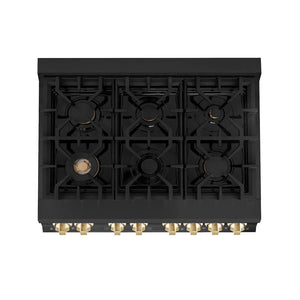 ZLINE Autograph Edition 36 in. Kitchen Package with Black Stainless Steel Dual Fuel Range, Range Hood and Dishwasher with Polished Gold Accents (3AKP-RABRHDWV36-G)