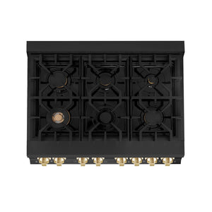 ZLINE Autograph Edition 36 in. 4.6 cu. ft. Legacy Dual Fuel Range with 6 Burner Gas Cooktop and Electric Convection Oven in Black Stainless Steel and Polished Gold Accents (RABZ-36-G)