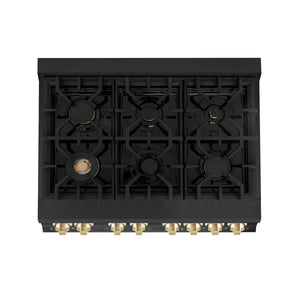 ZLINE Autograph Edition 36 in. Kitchen Package with Black Stainless Steel Dual Fuel Range and Range Hood with Polished Gold Accents (2AKP-RABRH36-G)