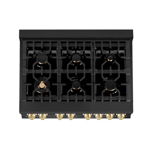 ZLINE Autograph Edition 36 in. Kitchen Package with Black Stainless Steel Dual Fuel Range, Range Hood, Dishwasher and Refrigerator with Polished Gold Accents (4AKPR-RABRHDWV36-G)