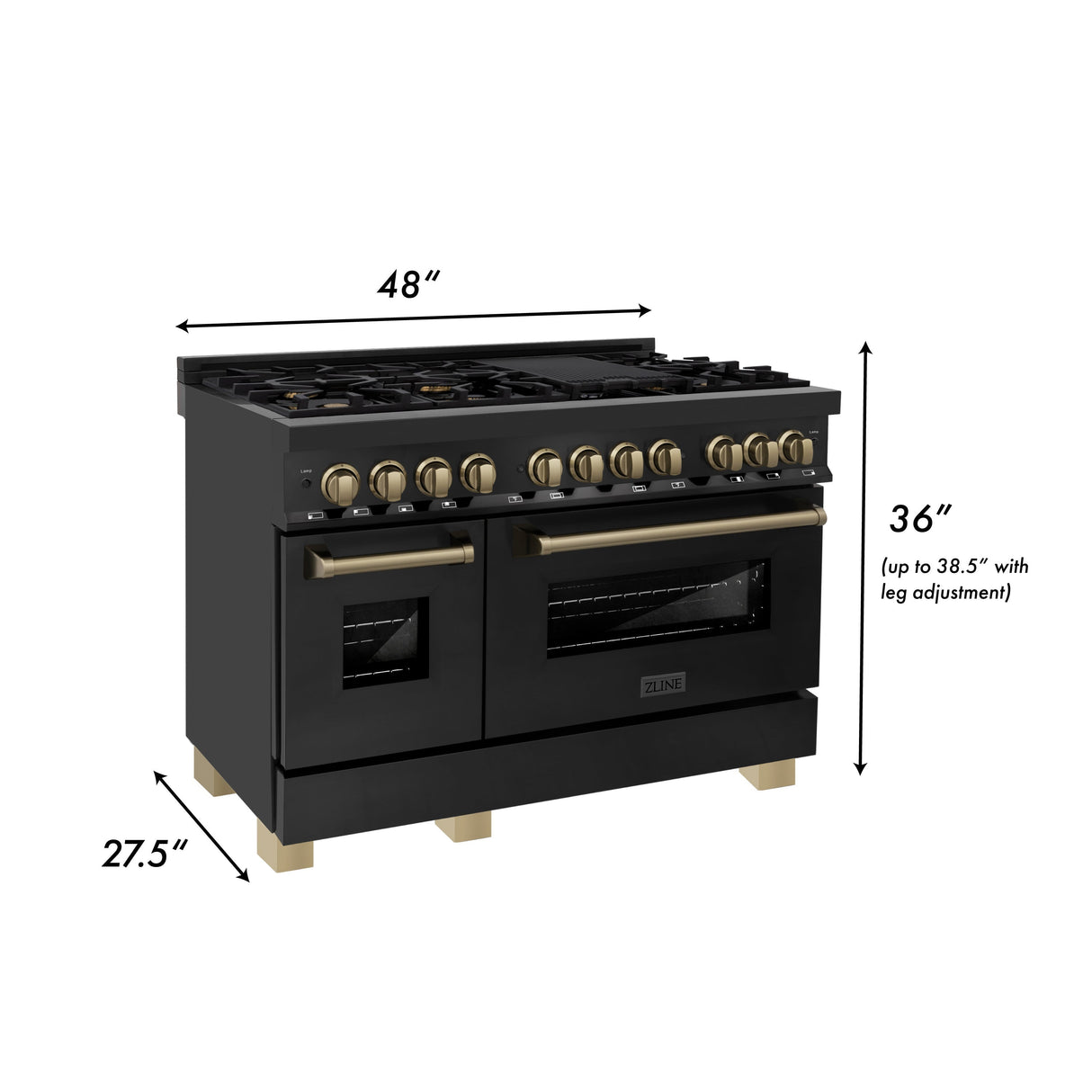 ZLINE 48 in. Autograph Edition Kitchen Package with Black Stainless Steel Dual Fuel Range, Range Hood, Dishwasher and Refrigeration with Champagne Bronze Accents (4AKPR-RABRHDWV48-CB)