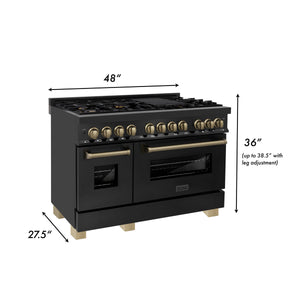 ZLINE Autograph Edition 48 in. Kitchen Package with Black Stainless Steel Dual Fuel Range, Range Hood, Dishwasher and Refrigerator with Champagne Bronze Accents (4AKPR-RABRHDWV48-CB)