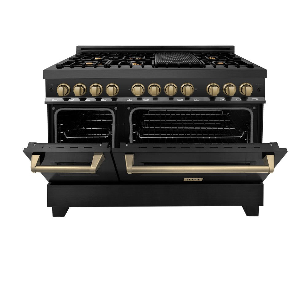 ZLINE 48 in. Autograph Edition Kitchen Package with Black Stainless Steel Dual Fuel Range, Range Hood, Dishwasher and Refrigeration with Champagne Bronze Accents (4AKPR-RABRHDWV48-CB)