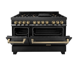 ZLINE Autograph Edition 48 in. Kitchen Package with Black Stainless Steel Dual Fuel Range, Range Hood, Dishwasher and Refrigerator with Champagne Bronze Accents (4AKPR-RABRHDWV48-CB)