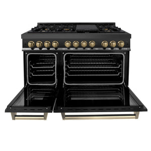ZLINE Autograph Edition 48 in. Kitchen Package with Black Stainless Steel Dual Fuel Range and Range Hood with Champagne Bronze Accents (2AKP-RABRH48-CB)